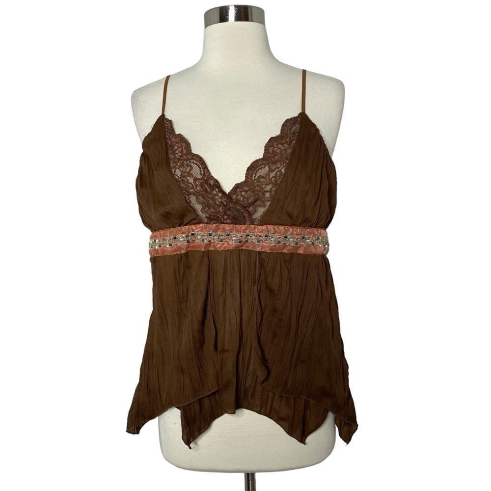 j.t.b. Boho Brown Handkerchief Hem Beaded Cami Top Size Large